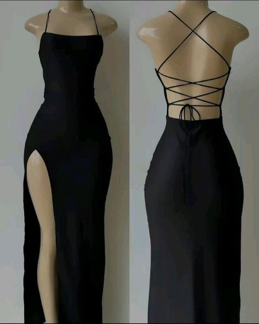 Sexy Sheath Spaghetti Straps Black Slit Backless Long Prom Dress C750