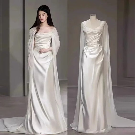 Robe de mariée en Satin blanc de conte de fées, Simple, deux vêtements, Slim, photographie de voyage, robes sortantes en Satin, C761