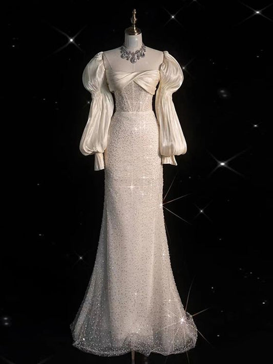 Robe de mariée en Satin blanc de conte de fées, robe de mariée en Satin ivoire à paillettes, manches bouffantes, C762