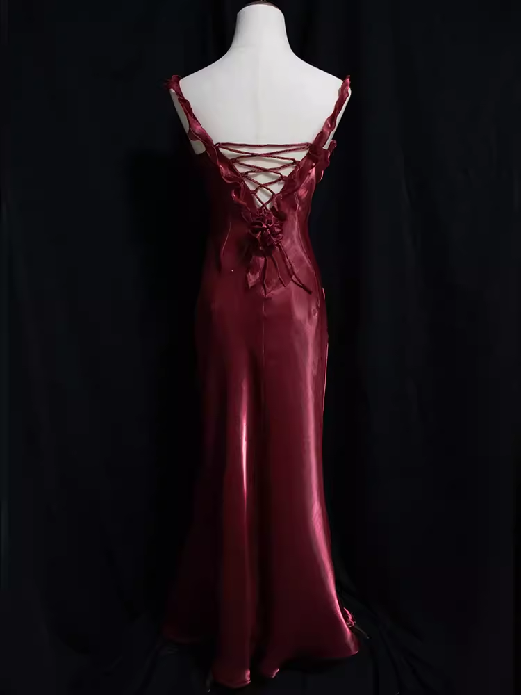 Vintage Mermaid Straps Organza Long Burgundy Prom Dresses C76