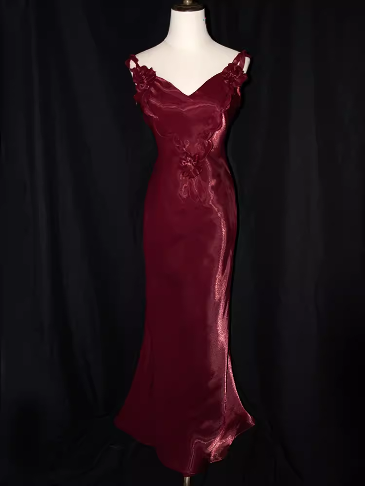 Vintage Mermaid Straps Organza Long Burgundy Prom Dresses C76