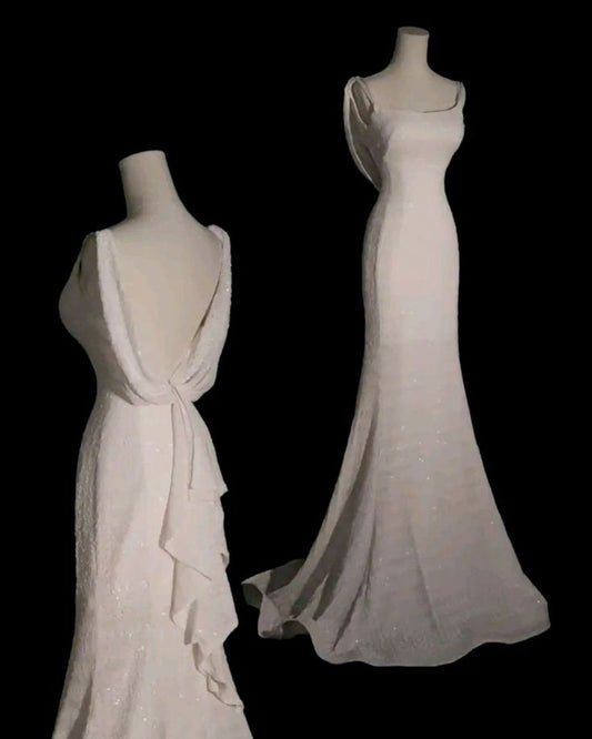 Vintage blanc sirène bretelles paillettes longues robes de mariée dos nu C771