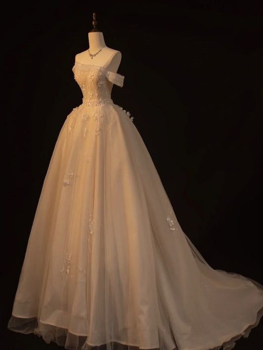 Robe de bal longue en tulle élégante, ligne A, épaules dénudées, C776