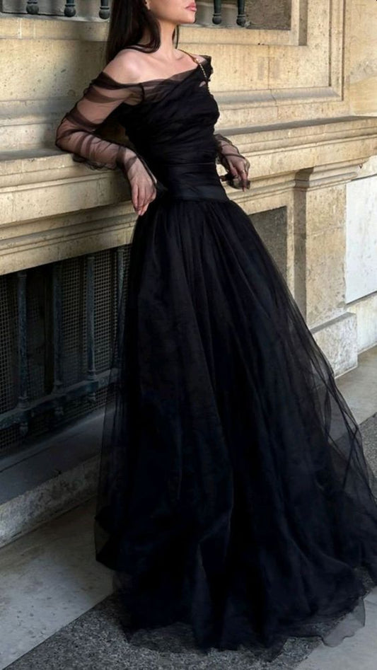 Robe de bal longue noire en Tulle, ligne A, épaules dénudées, Vintage, C780