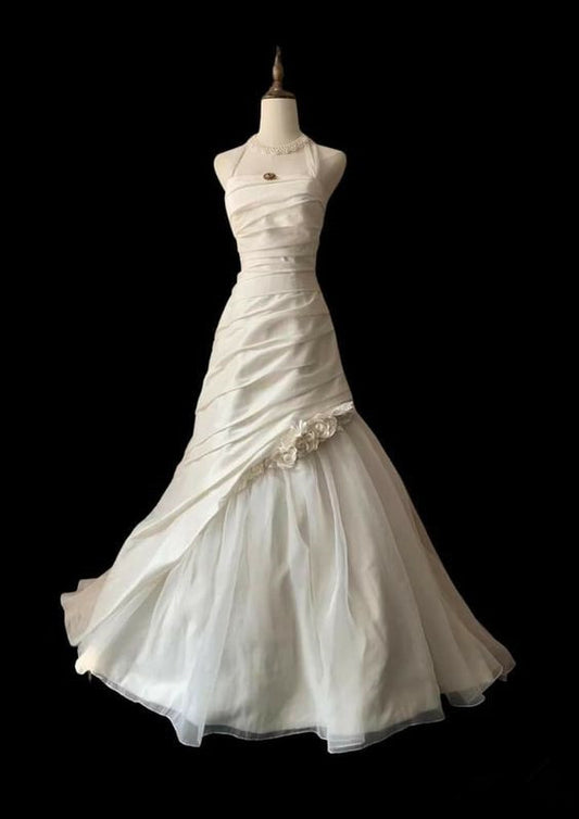 Vintage sirène licou longues robes de mariée en satin blanc C781