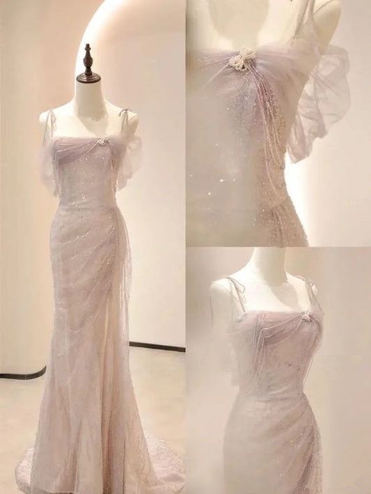 Vintage Mermaid Straps Pink Tulle Long Prom Dress C783