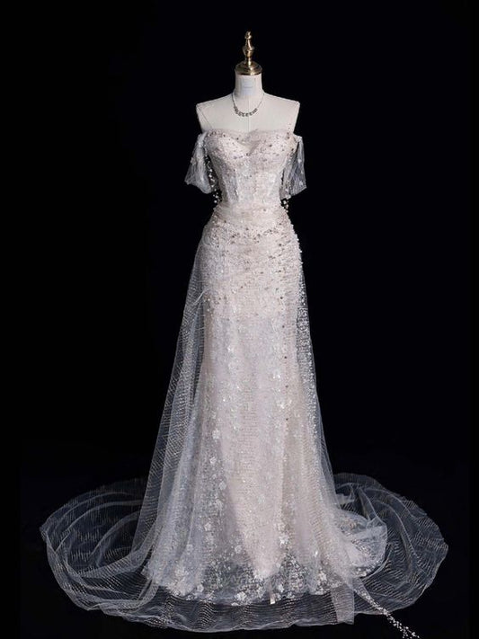 Robe de mariée sirène Vintage, épaules dénudées, longue, en Tulle blanc, C784