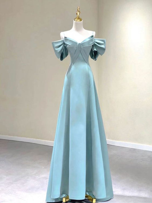 Vintage A line Straps Blue Satin Long Prom Dress C789