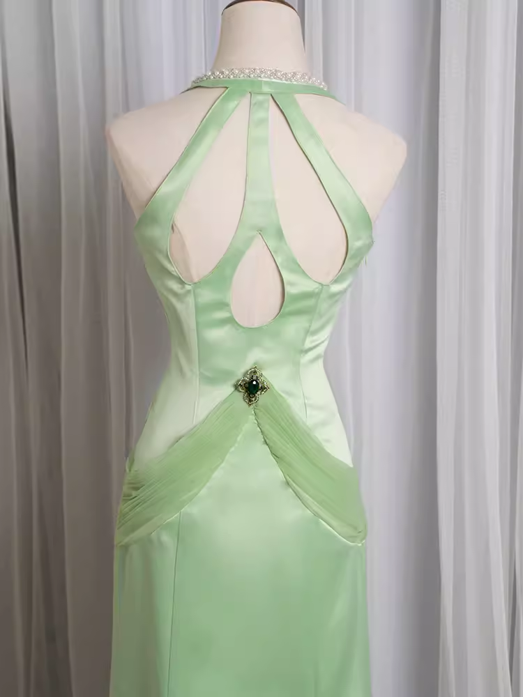 Vintage Mermaid Halter Mint Green Long Prom Dresses C78