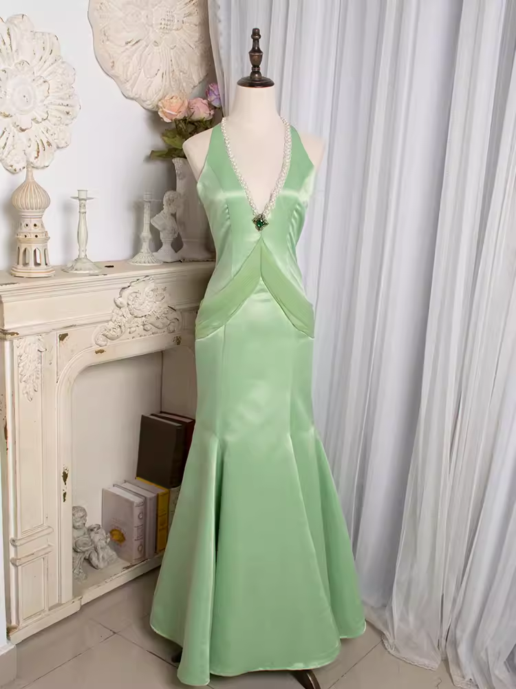 Vintage Mermaid Halter Mint Green Long Prom Dresses C78