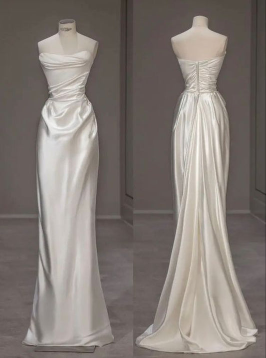 Robes de mariée longues en satin sirène vintage sans bretelles C791