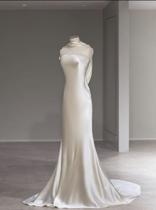 Robe de mariée longue en Satin, style sirène, sans bretelles, sans manches, Vintage, C796