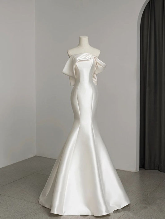 Robe de mariée longue en Satin, style sirène, sans bretelles, sans manches, Vintage, C799