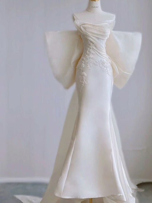 Robes de mariée longues en satin, style sirène, sans bretelles, chic, C802