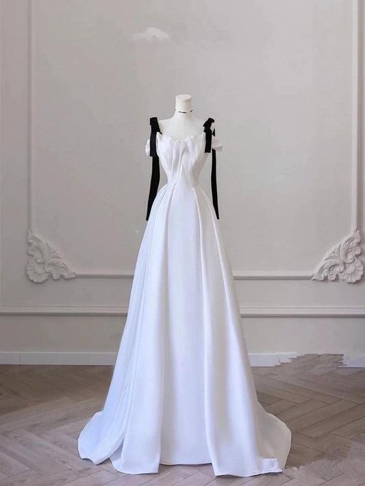 A Line Straps White Satin Long Prom Dress C805