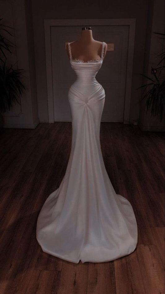 Chic sirène bretelles blanc longues robes de mariée en satin C812