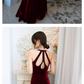 Vintage Mermaid Halter Sleeveless Velvet Burgundy Long Prom Dresses C81