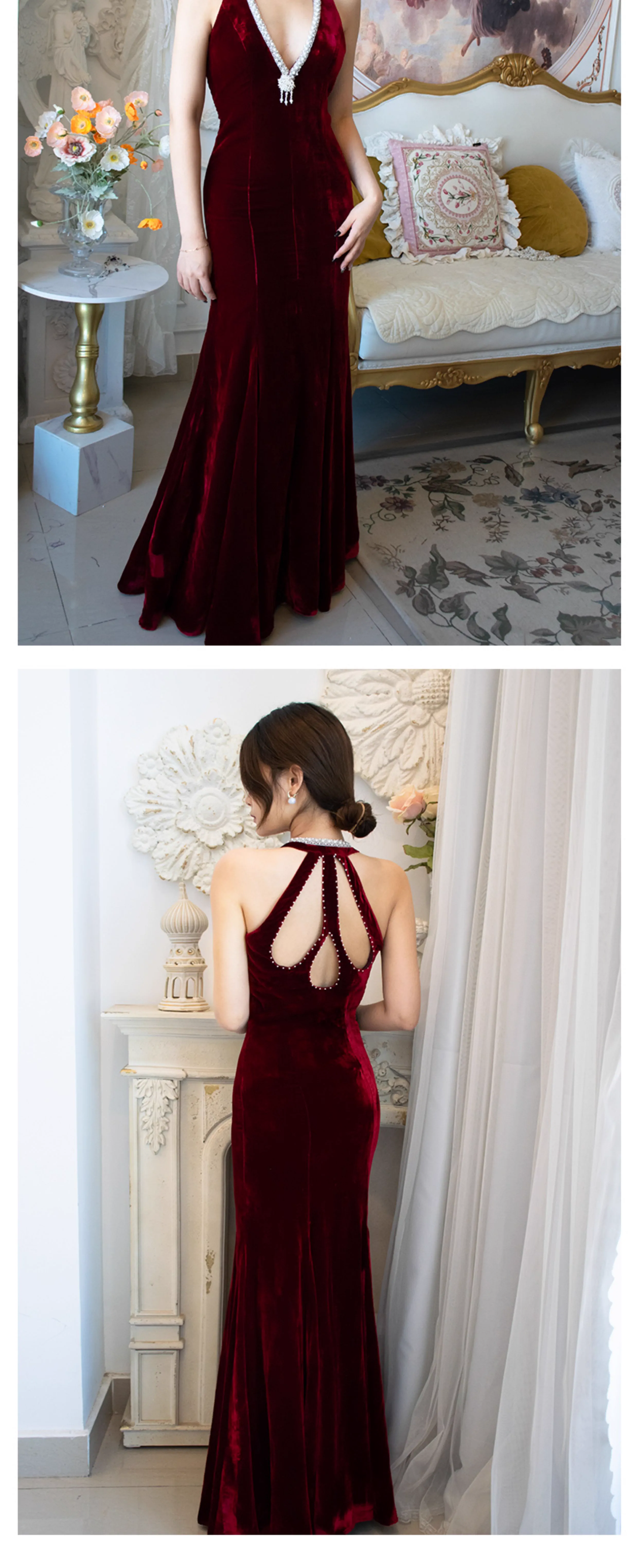 Vintage Mermaid Halter Sleeveless Velvet Burgundy Long Prom Dresses C81