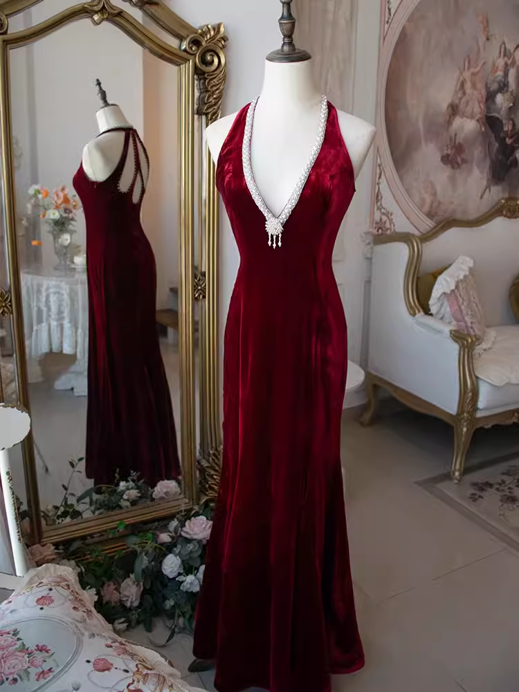 Vintage Mermaid Halter Sleeveless Velvet Burgundy Long Prom Dresses C81