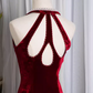 Vintage Mermaid Halter Sleeveless Velvet Burgundy Long Prom Dresses C81