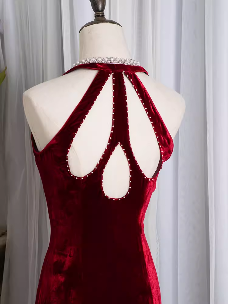 Vintage Mermaid Halter Sleeveless Velvet Burgundy Long Prom Dresses C81