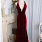 Vintage Mermaid Halter Sleeveless Velvet Burgundy Long Prom Dresses C81