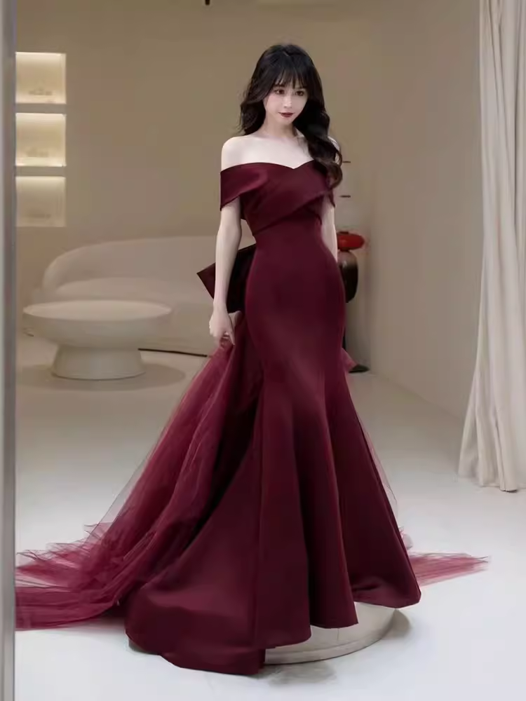 Robe de bal longue en Satin bordeaux, sexy, épaules dénudées, sirène, C820