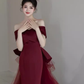 Sexy Mermaid Off The Shoulder Burgundy Satin Long Prom Dress C820