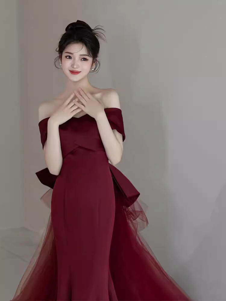 Robe de bal longue en Satin bordeaux, sexy, épaules dénudées, sirène, C820