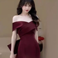 Sexy Mermaid Off The Shoulder Burgundy Satin Long Prom Dress C820