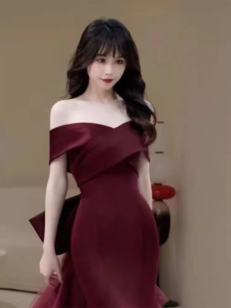 Robe de bal longue en Satin bordeaux, sexy, épaules dénudées, sirène, C820