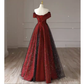 Robe de bal longue en tulle bordeaux, sexy, ligne A, épaules dénudées, C821