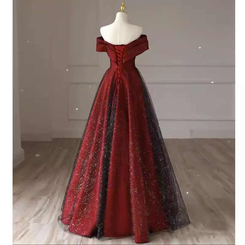 Robe de bal longue en tulle bordeaux, sexy, ligne A, épaules dénudées, C821