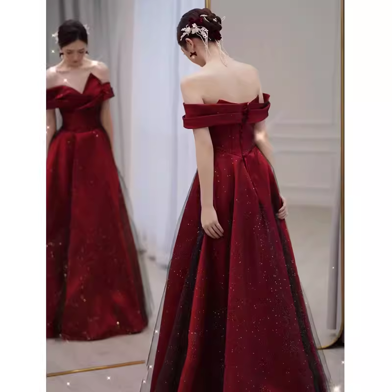 Sexy A line Off The Shoulder Burgundy Tulle Long Prom Dress C821