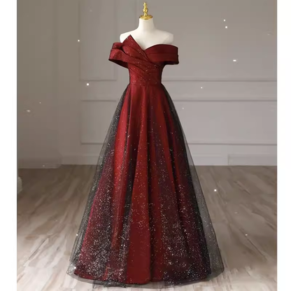 Robe de bal longue en tulle bordeaux, sexy, ligne A, épaules dénudées, C821