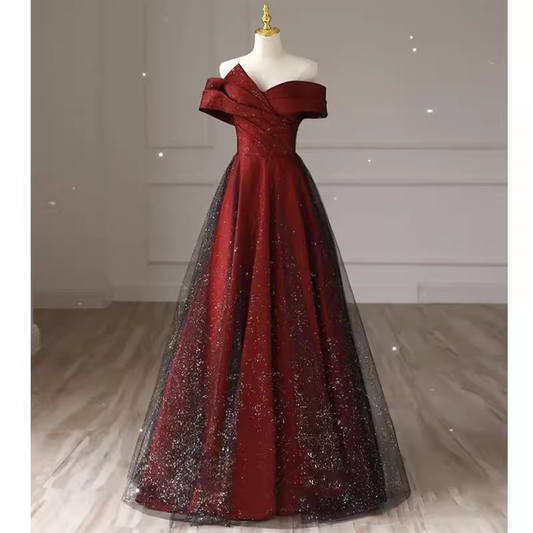 Sexy A line Off The Shoulder Burgundy Tulle Long Prom Dress C821