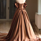 Robe de bal longue en satin marron, sexy, ligne A, épaules dénudées, C822