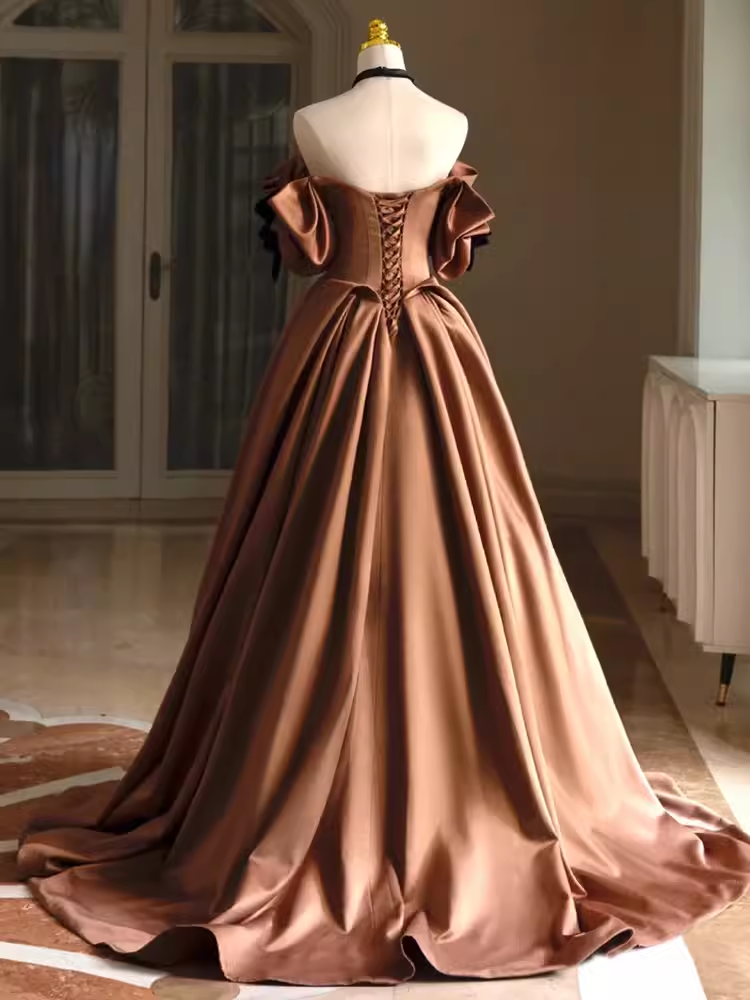 Robe de bal longue en satin marron, sexy, ligne A, épaules dénudées, C822