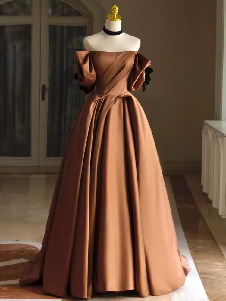 Robe de bal longue en satin marron, sexy, ligne A, épaules dénudées, C822