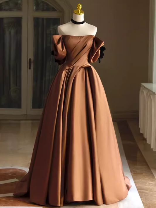 Sexy A line Off The Shoulder Brown Satin Long Prom Dress C822