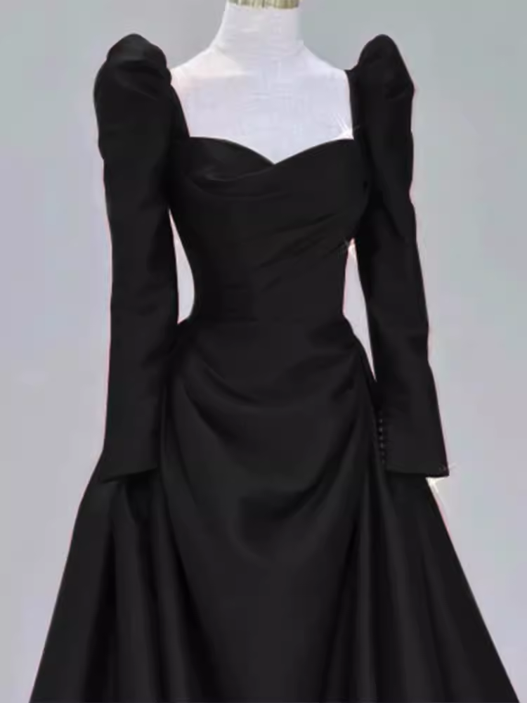 Robe de bal longue en Satin noir, ligne A, manches longues, sexy, C823