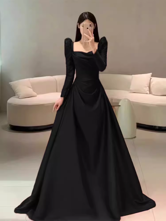 Sexy A line Long Sleeves Black Satin Long Prom Dress C823