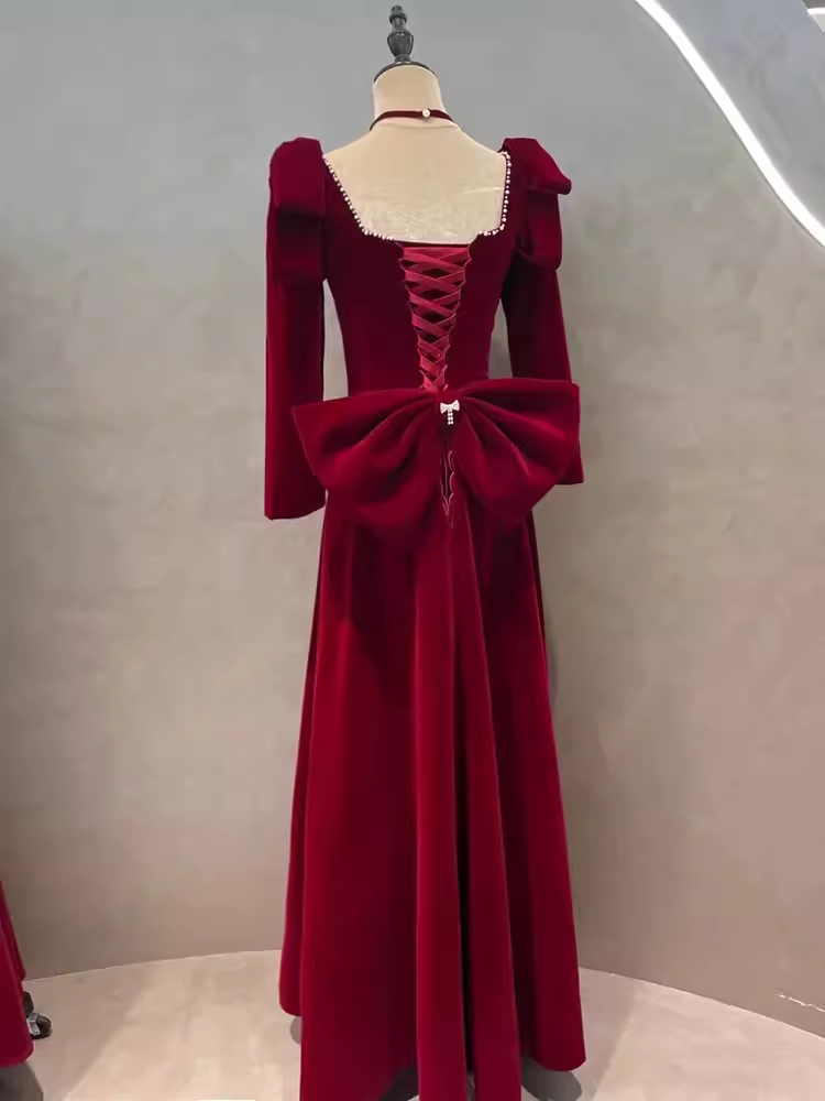 Robe de bal longue en velours rouge, ligne A, sexy, manches longues, C824