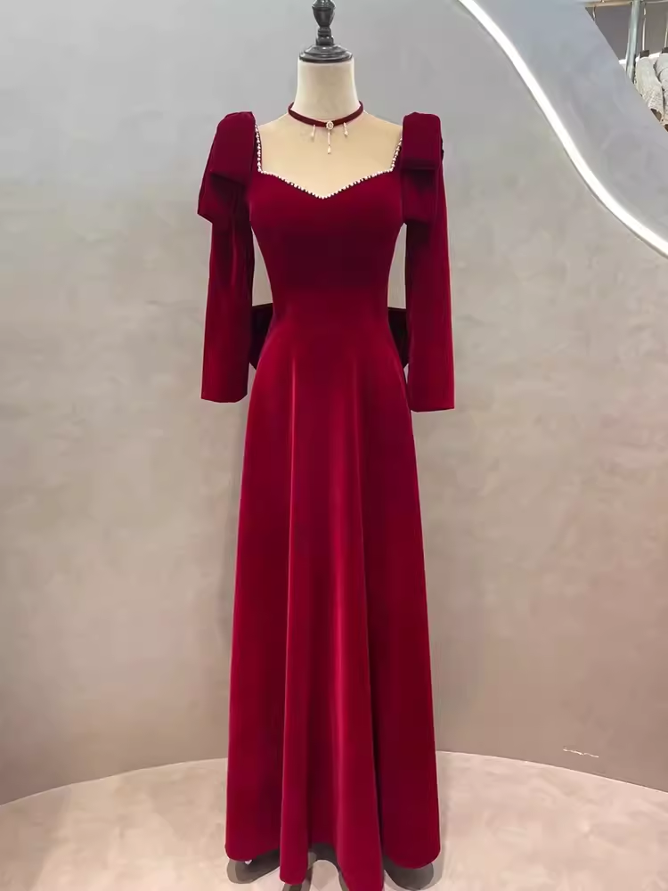 Robe de bal longue en velours rouge, ligne A, sexy, manches longues, C824