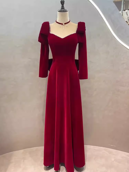 Sexy A line Long Sleeves Red Velvet Long Prom Dress C824