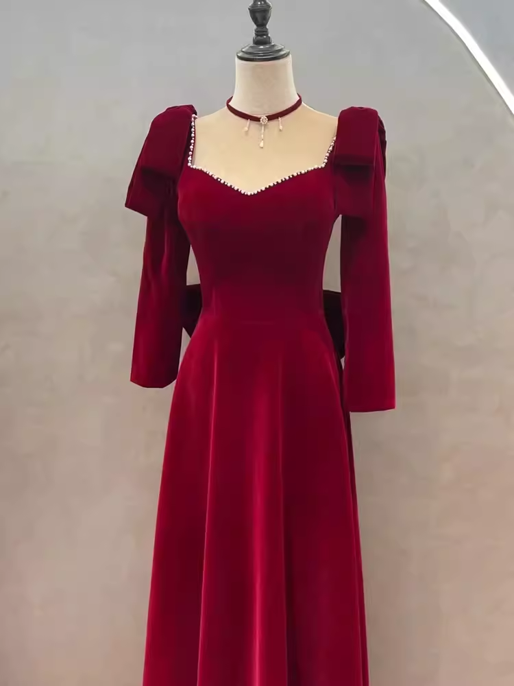 Robe de bal longue en velours rouge, ligne A, sexy, manches longues, C824