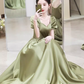 Robe de bal longue en Satin vert sauge, ligne A, sexy, manches courtes, C825