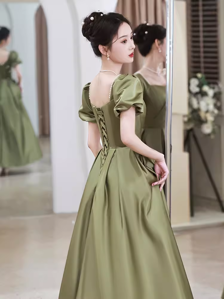 Sexy A line Short Sleeves Sage Green Satin Long Prom Dress C825