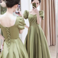 Sexy A line Short Sleeves Sage Green Satin Long Prom Dress C825