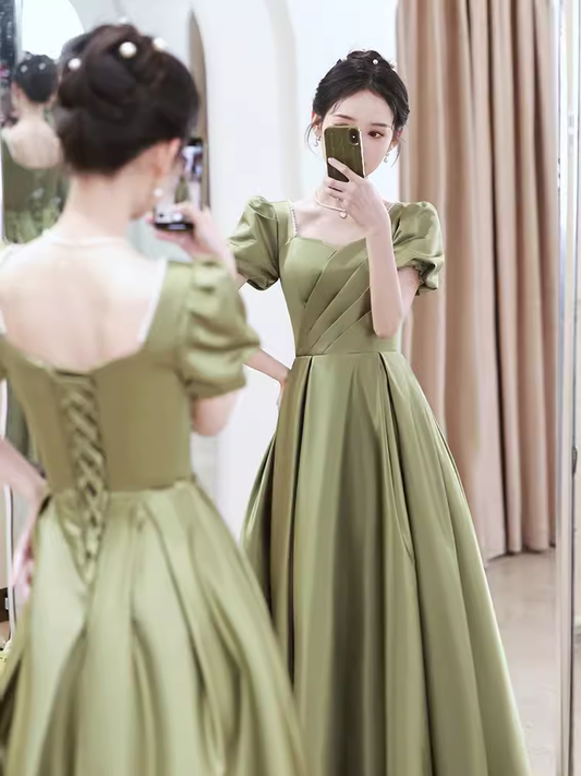 Sexy A line Short Sleeves Sage Green Satin Long Prom Dress C825